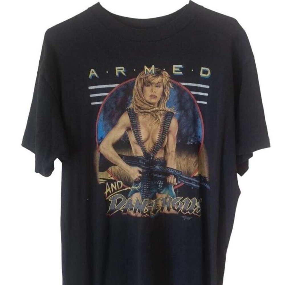Vintage 1990 'Armed And Dangerous' Hot Chick 3D Emblem T Shirt